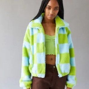 Urban Outfitters Olivia Blue Green Mod Checkered Sherpa Jacket. Unworn. Size XS